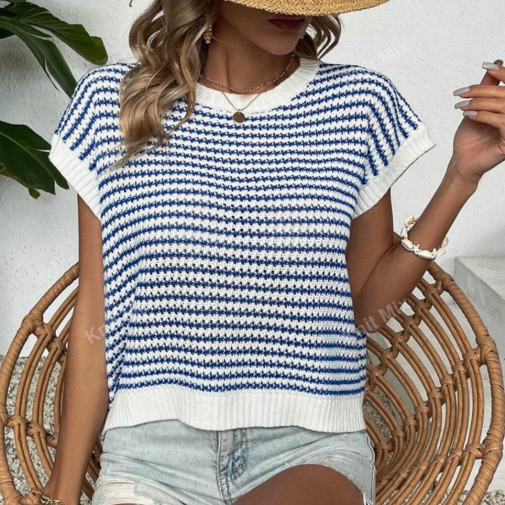 Knit Mix Open Knit Striped Cap Sleeve Sweater, White & Blue M NEW
